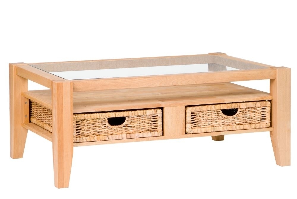 Couchtisch mit Glasplatte und Rattankorb | Elfo