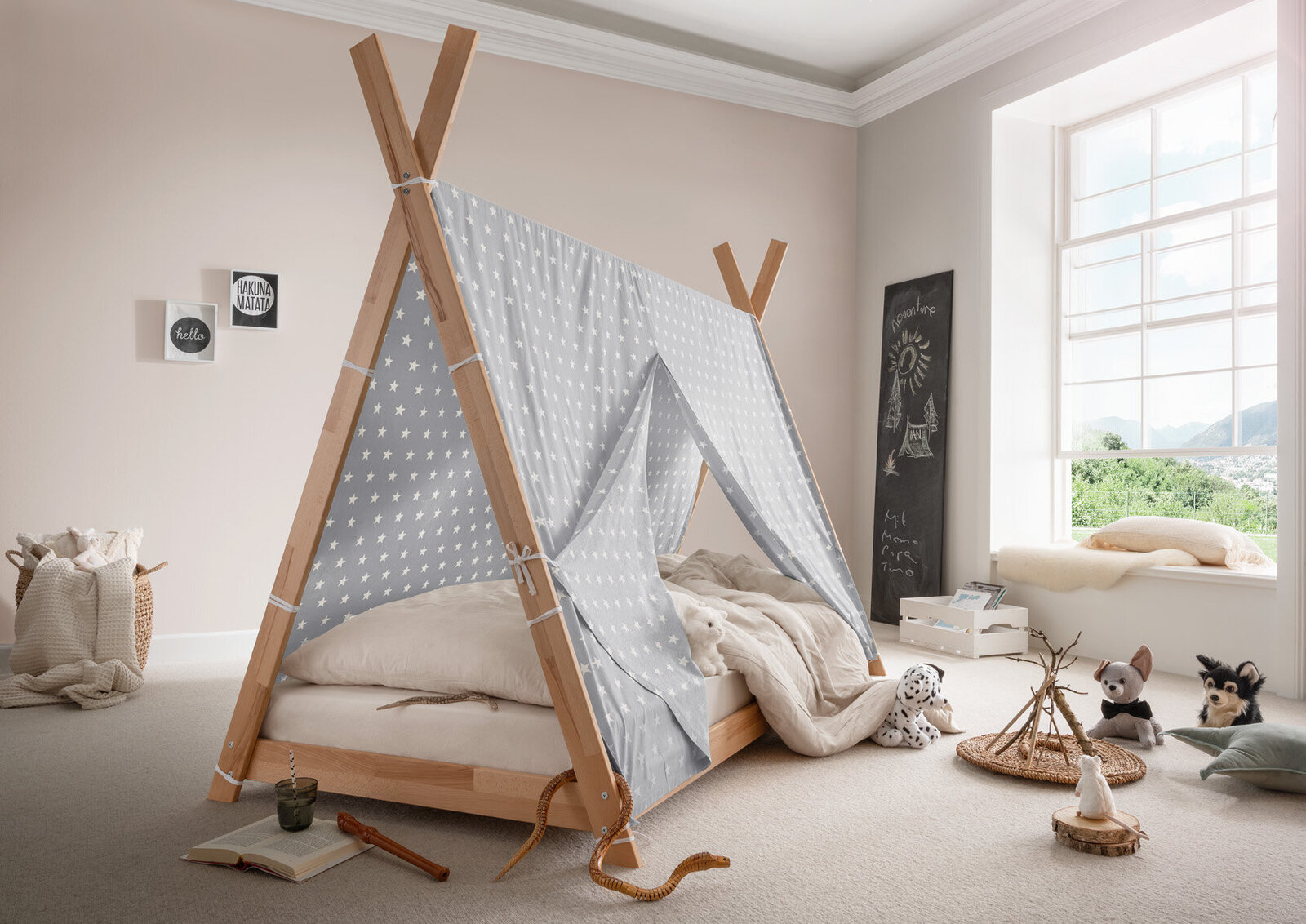 Pinocchio Tipi-Bett, Tipizelt-Bett mit Stoffdach aus massiver Buche natur | INFANSKIDS