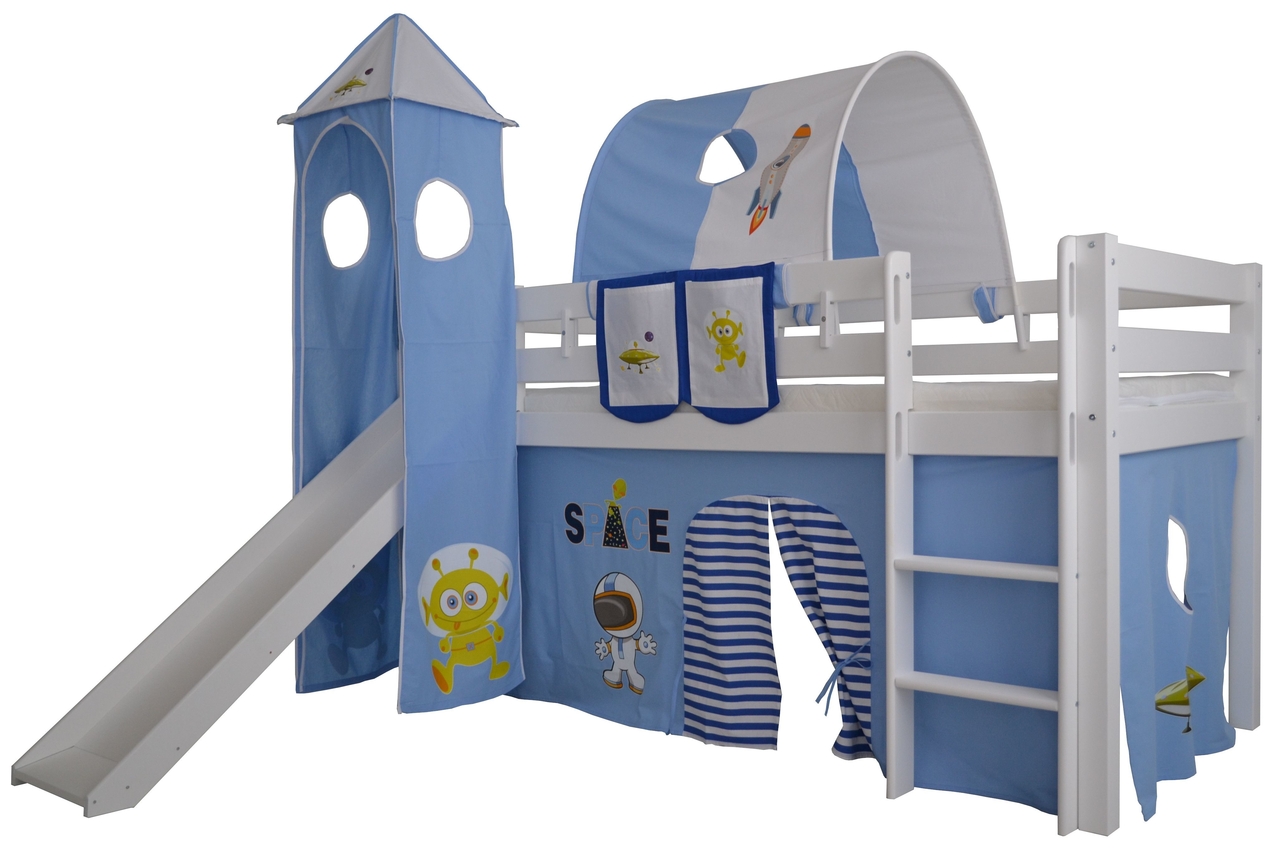 Halbhohes Kinder Abenteuerbett Space Massivholz mit Leiter und Rutsche Bild 2