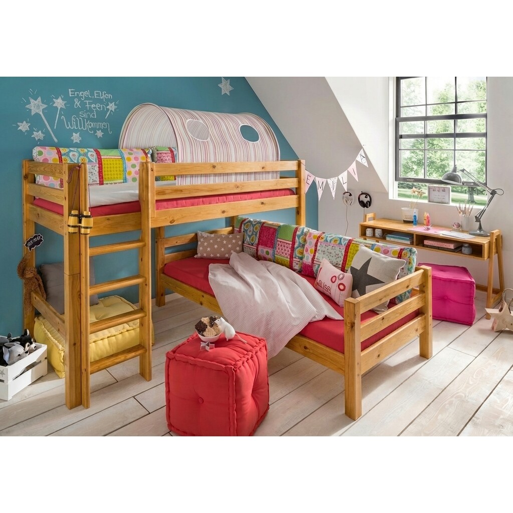 Bettkombination mit Mittelhochbett und Leiter, Etagenbett Bild 4