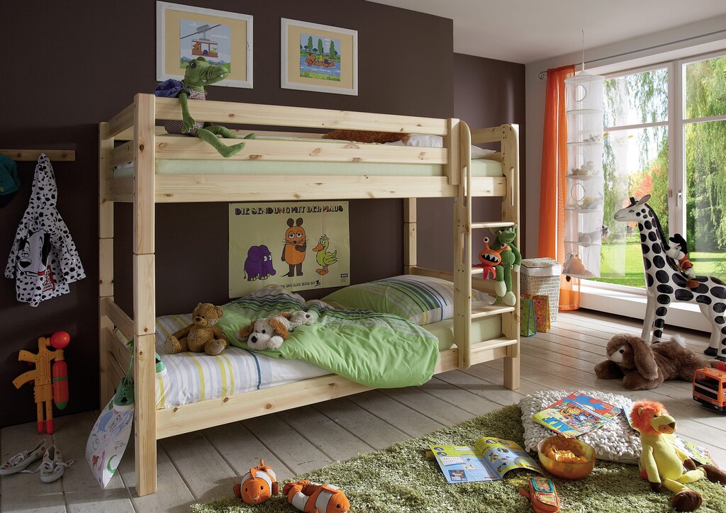 Etagenbett für 2 Kinder Kiefer Massivholz mit gerader Leiter Preview Image