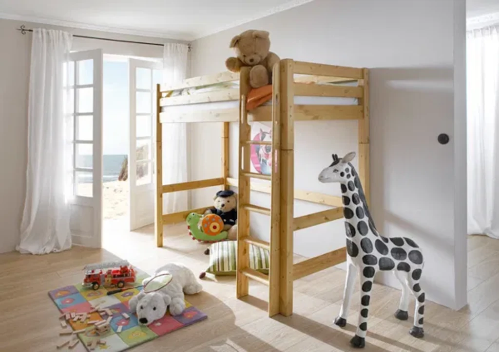 Kinder Hochbett Kiefer mit Absturzsicherung und gerader Leiter Preview Image