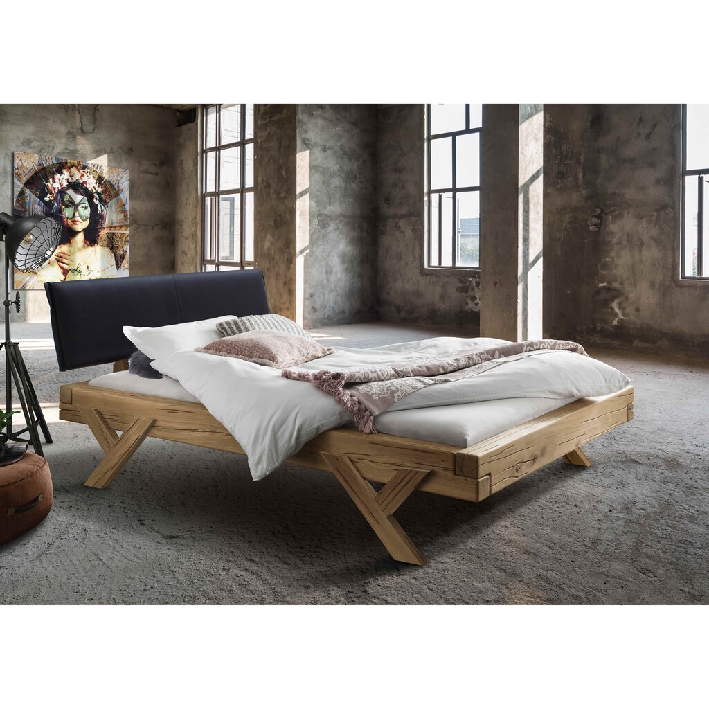Cinall Unika Balkenbett Doppelbett mit Leder Kopfteil und Y-Bein Holz Preview Image