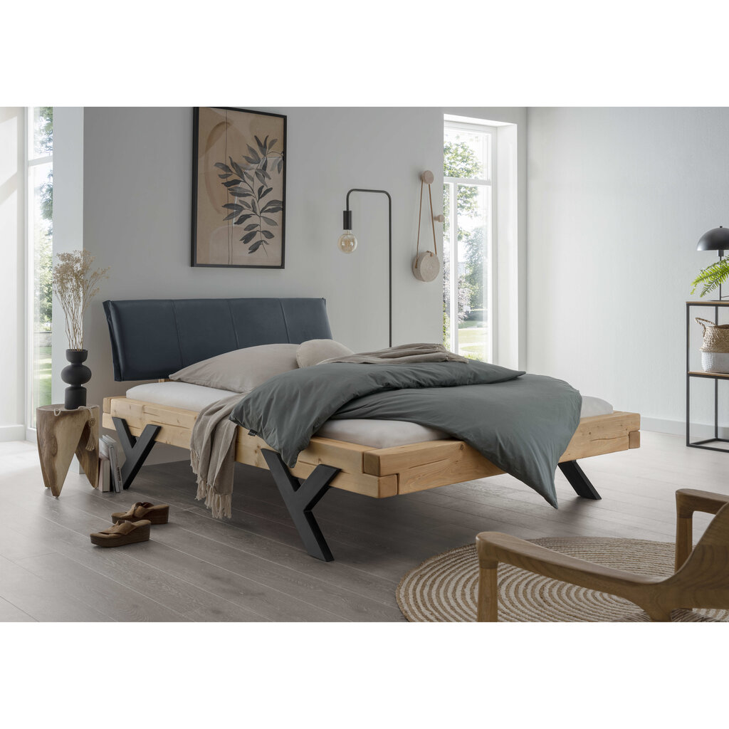 Balkenbett Doppelbett mit schwarzem Kopfteil und Y-Bein Metall Preview Image