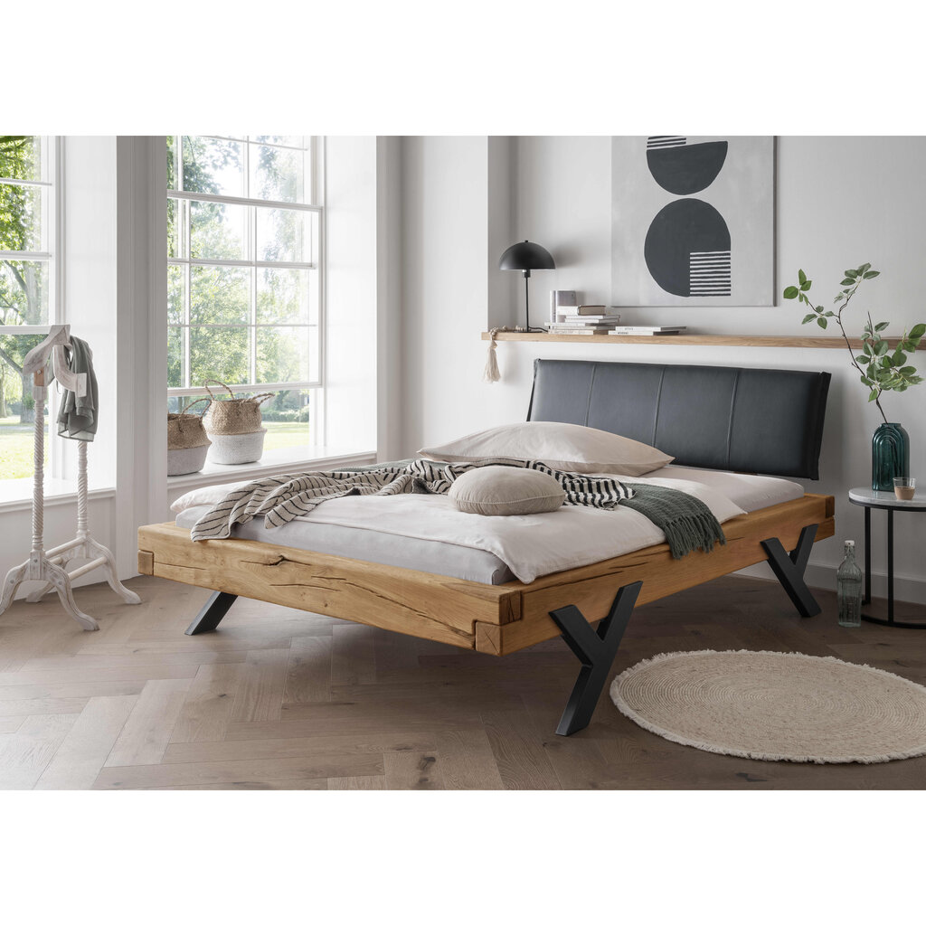 Balkenbett Doppelbett mit schwarzem Kopfteil und Y-Bein Metall Preview Image