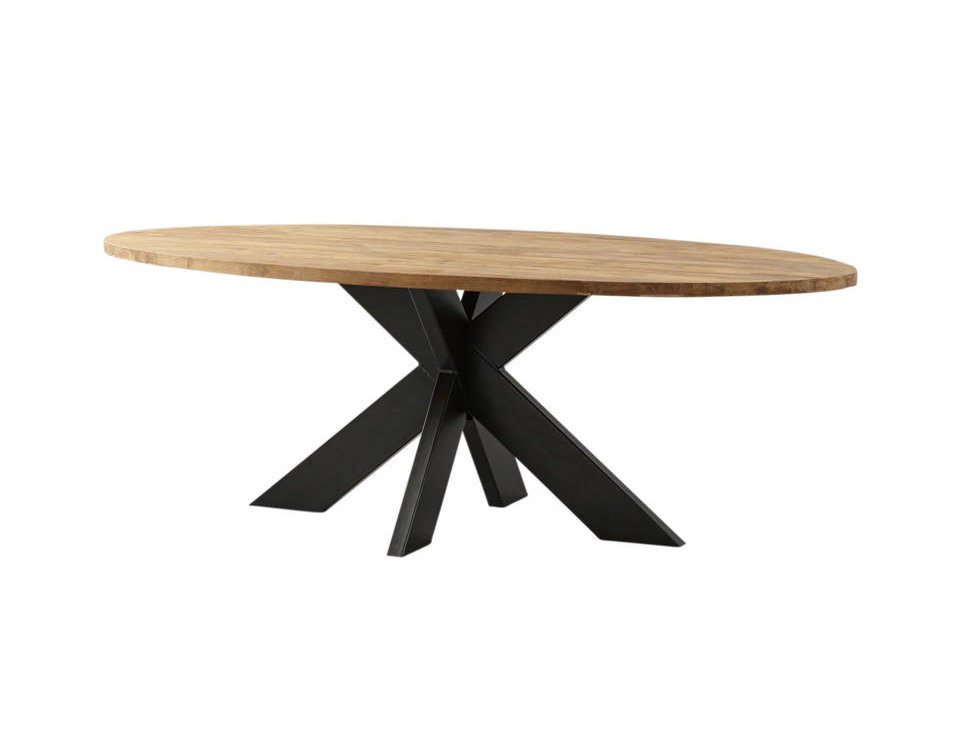 Ovaler Esstisch Teak Massivholz mit Metallfuß Bild 2