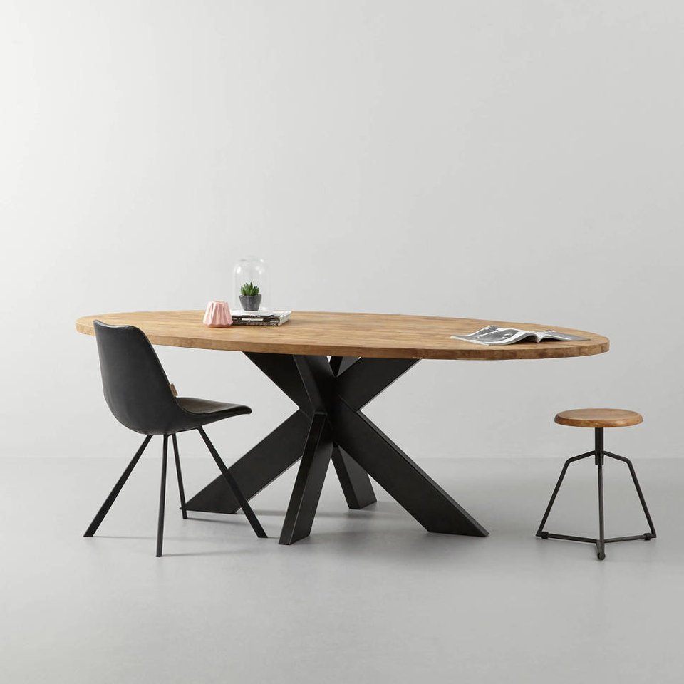 Ovaler Esstisch Teak Massivholz mit Metallfuß Bild 5