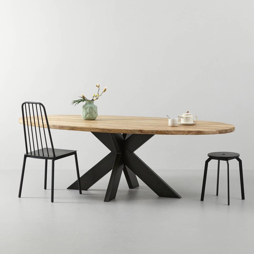 Ovaler Esstisch Teak Massivholz mit Metallfuß Bild 8