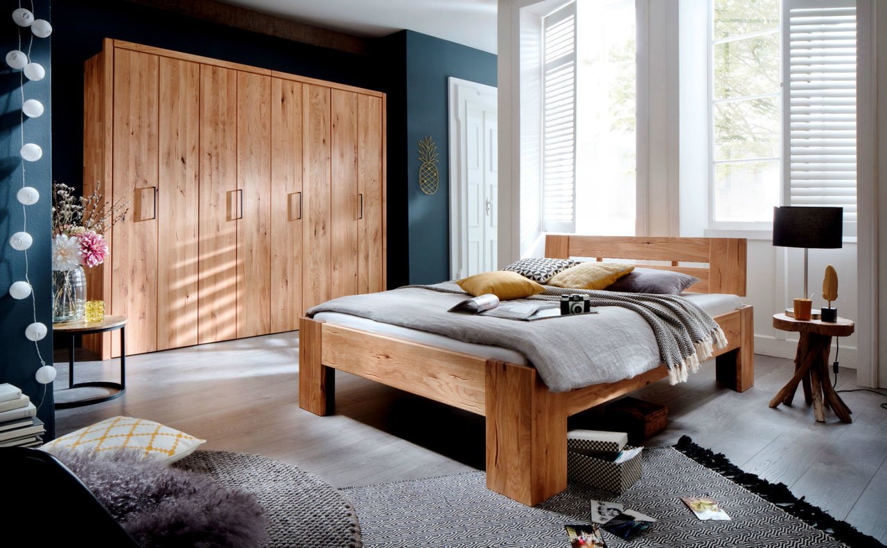 Schlafzimmer Doppelbett Wildeiche Massivholz Rödemis III Bild 3
