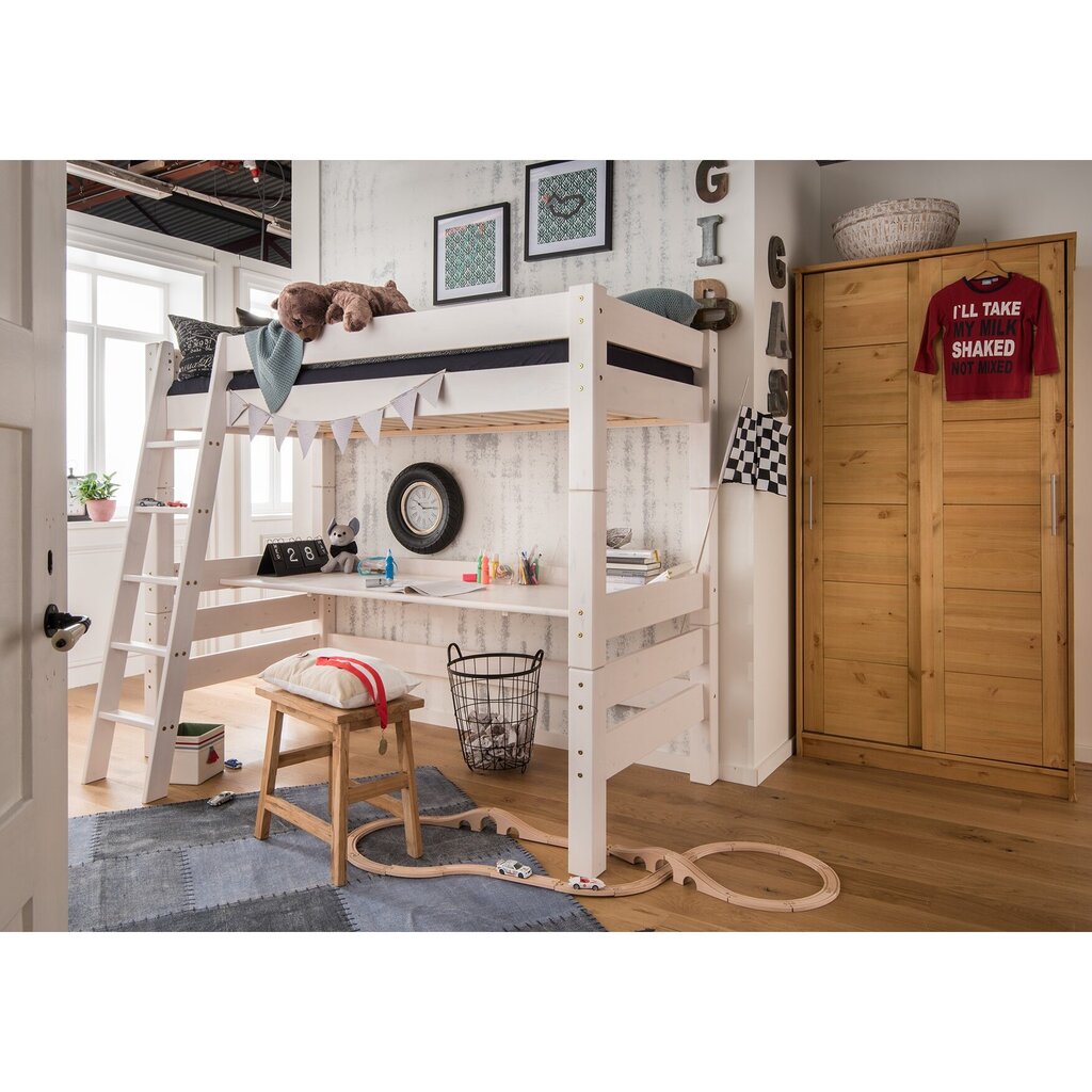 Hochbett weiß mit Schrägleiter und Schreibtischplatte aus Kiefer Preview Image