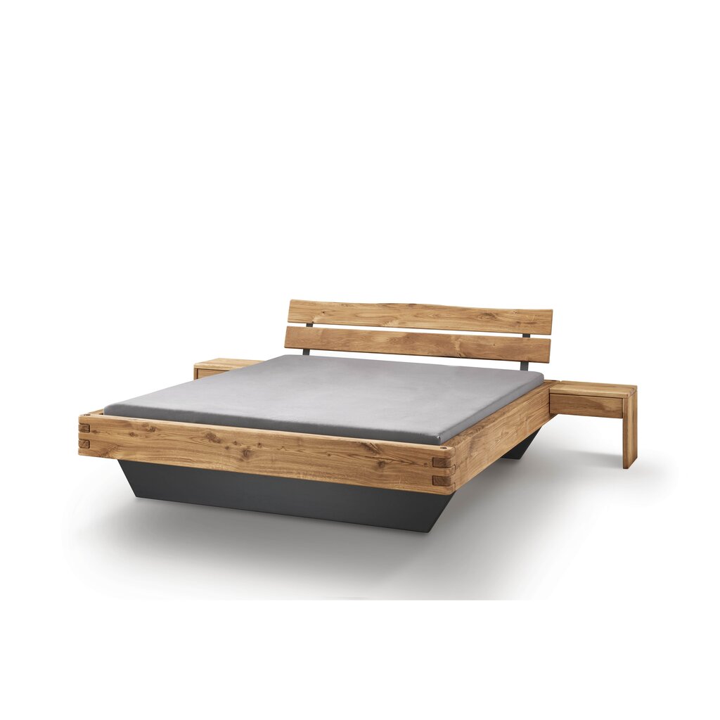 Balkenbett Woodstock auf Schwebe-Holzunterbau mit Holzkopfteil und Nachtkommode L-Form Bild 2