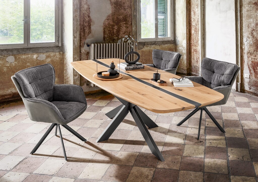 Harztisch mit ovaler Tischplatte mit Schweizer Kante und Metalluntergestell Spinne 40 Preview Image