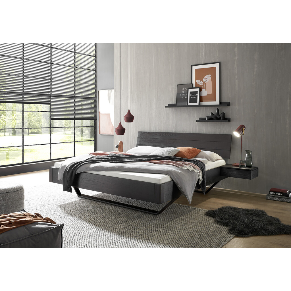 TPT Schwarzes Komplettbett Black Edition – Massives Wildeiche Doppelbett mit Metallkufe
