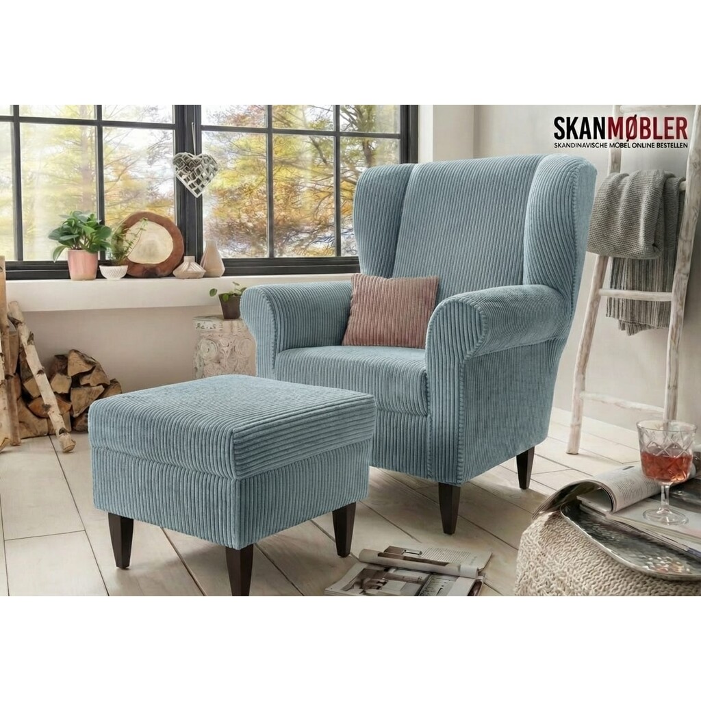 Solitär Ohren-Sessel mit Hocker Edmondo aus Cord Bild 8