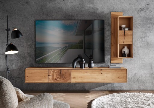 Impressionen zu G&K Wandboard mit 2 Fächern und Tür Herning Wildeiche mit Hirnholz Maserung, Bild 1