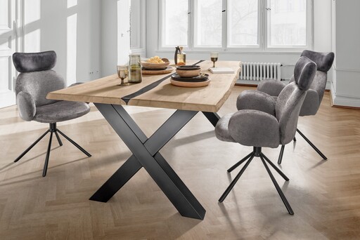 Impressionen zu TPT Harztisch mit natürlicher Baumkante und Diagonal X-Form Metallgestell, Bild 1