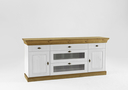 Landhaus Kommode Bergen mit 2 Türen und Glasschubladen 185 x 45 x 85 cm, weiß / gelaugt