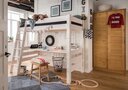 Hochbett weiß mit Schrägleiter und Schreibtischplatte aus Kiefer inkl. Schrägleiter, Roll-Lattenrost, Absturzsicherung, Schreibtischplatte