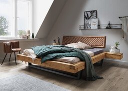 Schwebebalkenbett Woodstock aus Wildeiche mit Stofffkopfteil 140 x 200 cm, Kopfteil braun